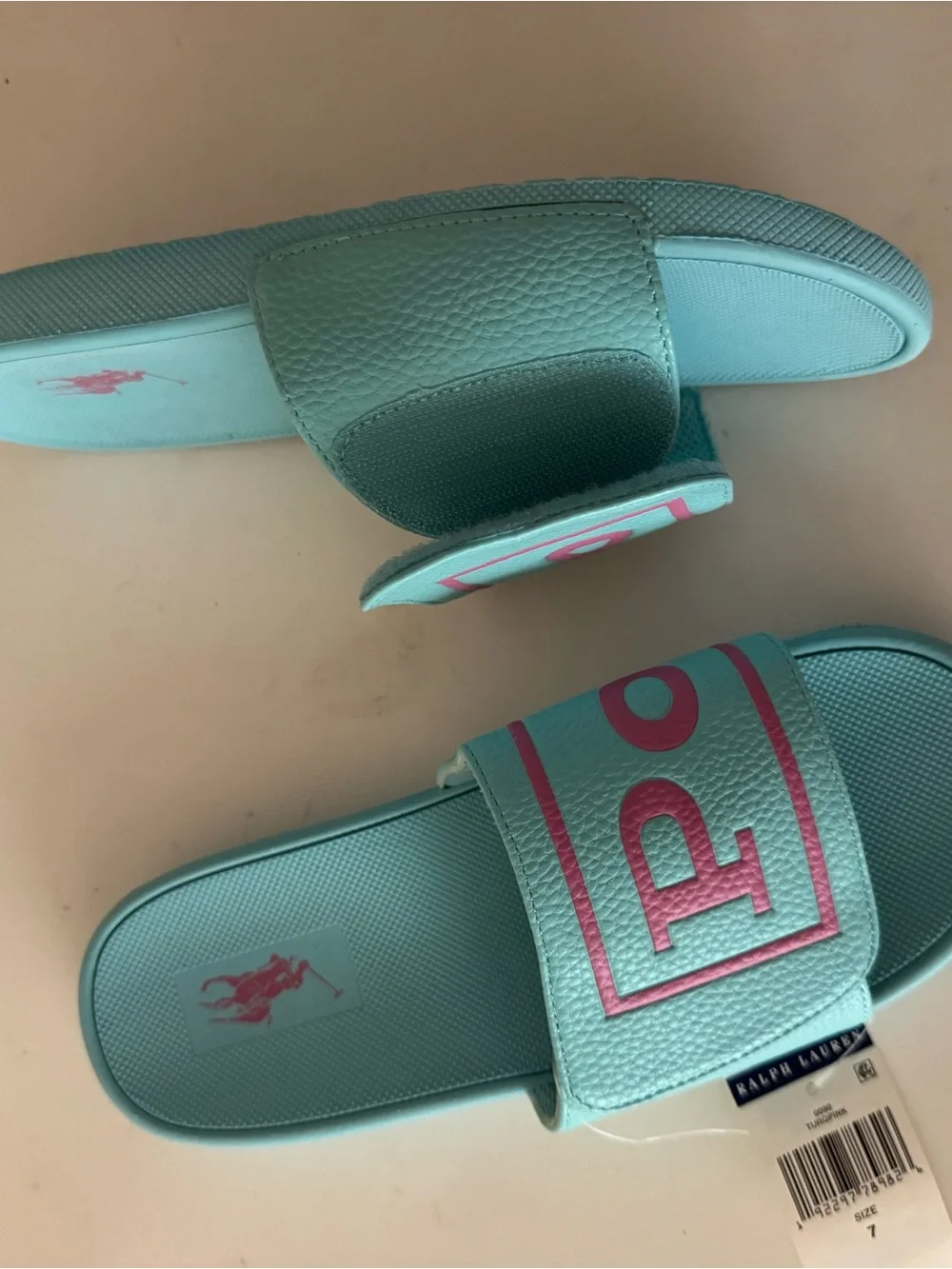 Polo Ralph Lauren Aqua Slide Sandals with Pink Logo. Size: 7
